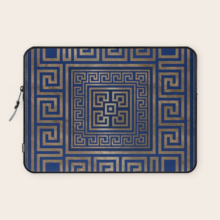 Greek Key Ornament - Greek Meander -gold on blue Laptop Sleeve Gallery Image 1