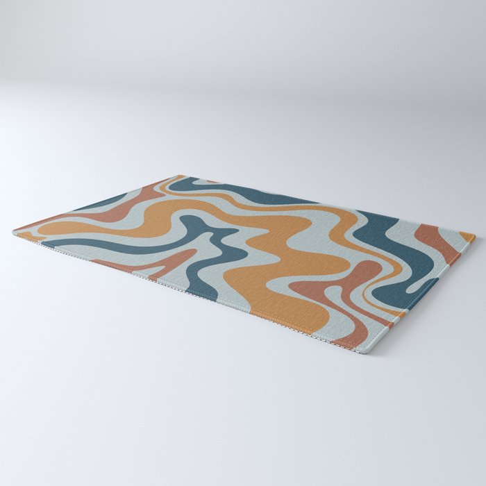 Retro Liquid Swirl Abstract Pattern Light Blue Ochre Rust  Rug Gallery Image 3