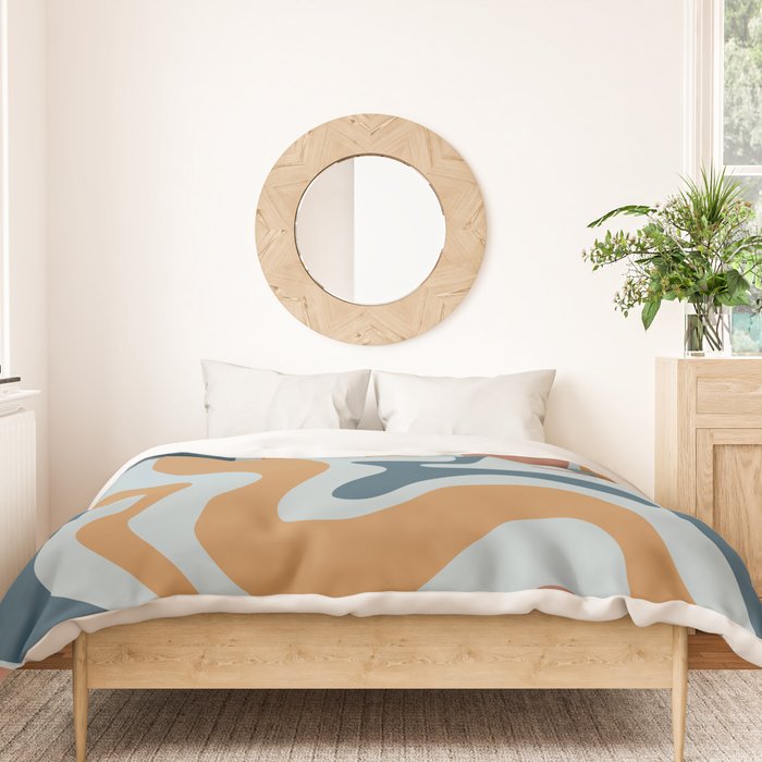 Retro Liquid Swirl Abstract Pattern Light Blue Ochre Rust  Duvet Cover Gallery Image 3