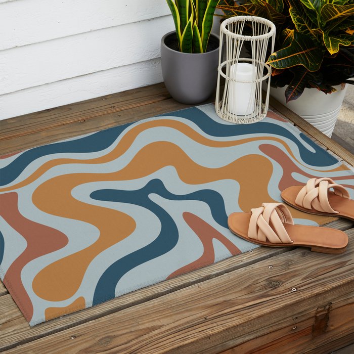Retro Liquid Swirl Abstract Pattern Light Blue Ochre Rust  Outdoor Rug Gallery Image 2