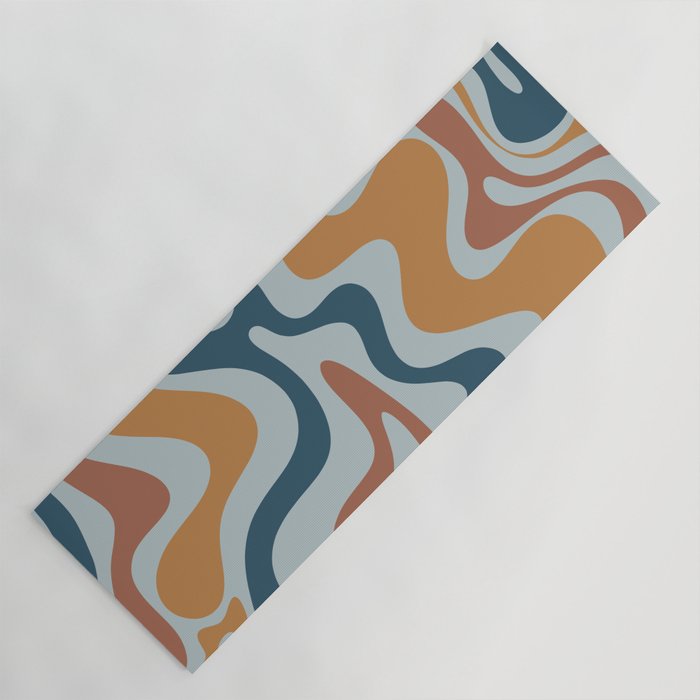 Retro Liquid Swirl Abstract Pattern Light Blue Ochre Rust  Yoga Mat Gallery Image 1