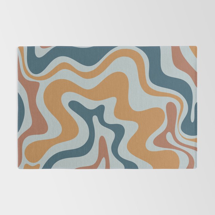 Retro Liquid Swirl Abstract Pattern Light Blue Ochre Rust  Rug Gallery Image 2