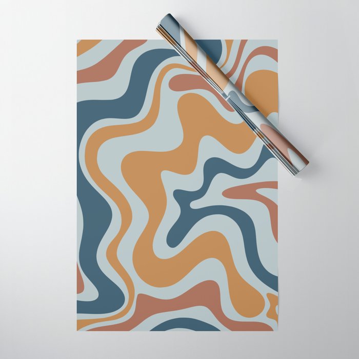 Retro Liquid Swirl Abstract Pattern Light Blue Ochre Rust  Wrapping Paper Gallery Image 1