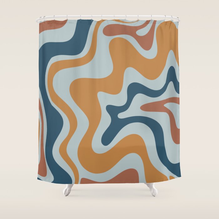 Retro Liquid Swirl Abstract Pattern Light Blue Ochre Rust  Shower Curtain Gallery Image 1