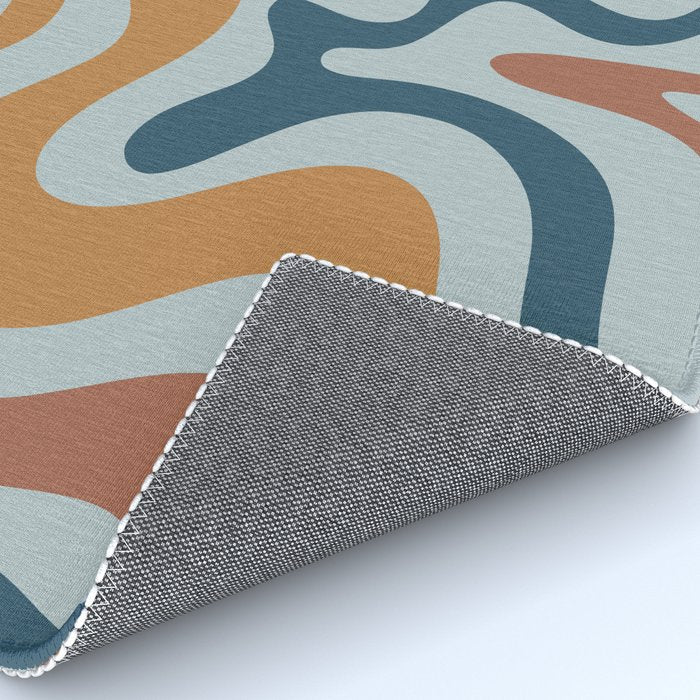 Retro Liquid Swirl Abstract Pattern Light Blue Ochre Rust  Rug Gallery Image 4