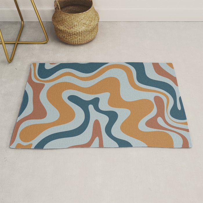Retro Liquid Swirl Abstract Pattern Light Blue Ochre Rust  Rug Gallery Image 1