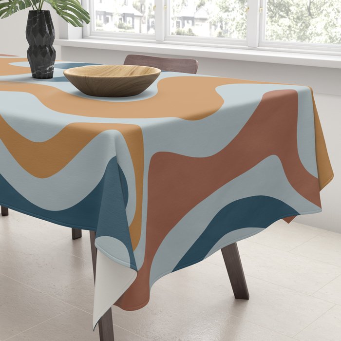 Retro Liquid Swirl Abstract Pattern Light Blue Ochre Rust  Tablecloth Gallery Image 3