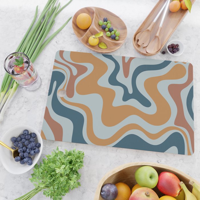 Retro Liquid Swirl Abstract Pattern Light Blue Ochre Rust  Cutting Board Gallery Image 2