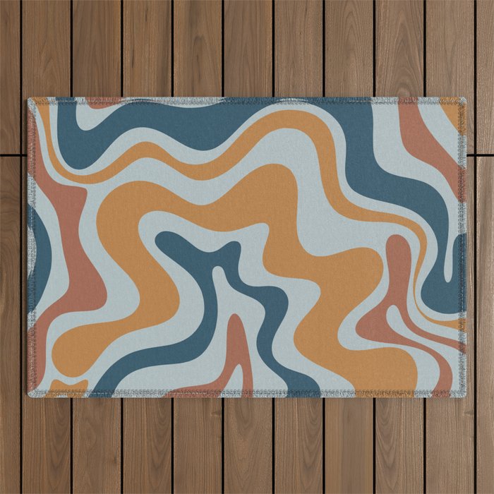 Retro Liquid Swirl Abstract Pattern Light Blue Ochre Rust  Outdoor Rug Gallery Image 1