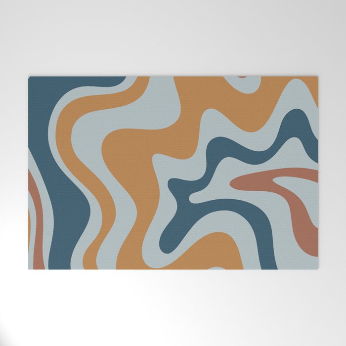 Retro Liquid Swirl Abstract Pattern Light Blue Ochre Rust  Welcome Mat Gallery Image 1