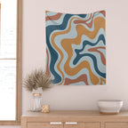Retro Liquid Swirl Abstract Pattern Light Blue Ochre Rust  Wall Tapestry Gallery Image 2