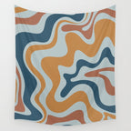 Retro Liquid Swirl Abstract Pattern Light Blue Ochre Rust  Wall Tapestry Gallery Image 4