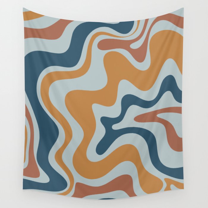 Retro Liquid Swirl Abstract Pattern Light Blue Ochre Rust  Wall Tapestry Gallery Image 4