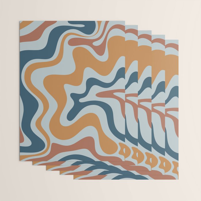 Retro Liquid Swirl Abstract Pattern Light Blue Ochre Rust  Wrapping Paper Gallery Image 3