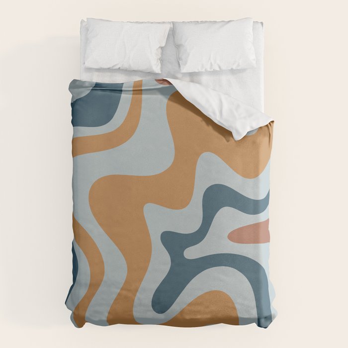 Retro Liquid Swirl Abstract Pattern Light Blue Ochre Rust  Duvet Cover Gallery Image 6