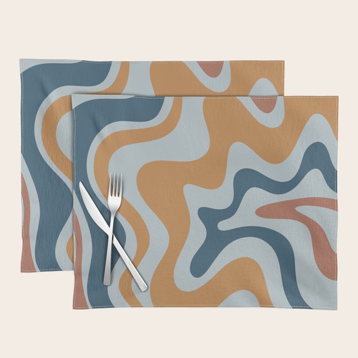 Retro Liquid Swirl Abstract Pattern Light Blue Ochre Rust  Placemat Gallery Image 1