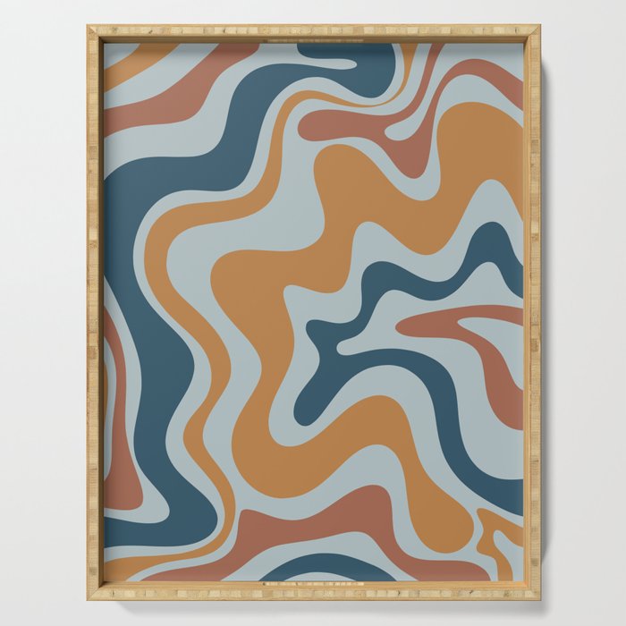 Retro Liquid Swirl Abstract Pattern Light Blue Ochre Rust  Serving Tray Gallery Image 1