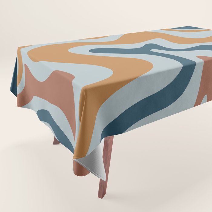 Retro Liquid Swirl Abstract Pattern Light Blue Ochre Rust  Tablecloth Gallery Image 1