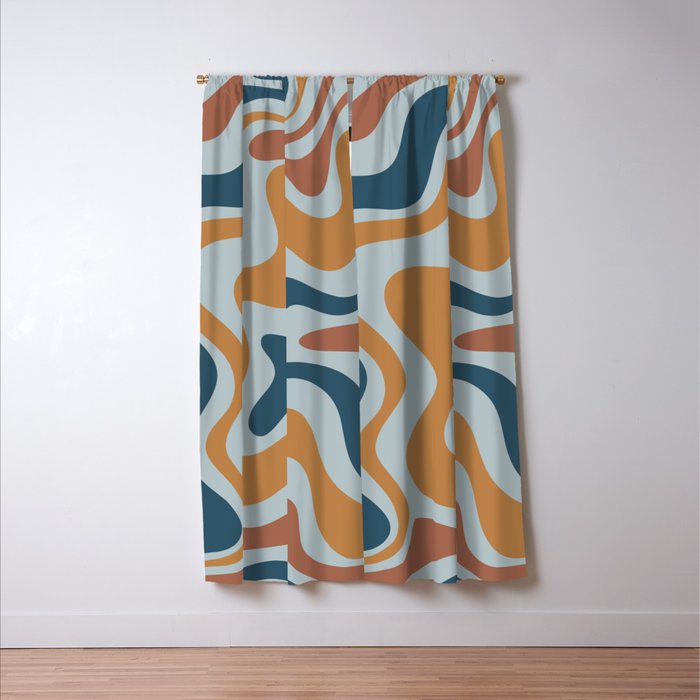 Retro Liquid Swirl Abstract Pattern Light Blue Ochre Rust  Window Curtain Gallery Image 3