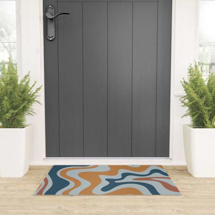 Retro Liquid Swirl Abstract Pattern Light Blue Ochre Rust  Welcome Mat Gallery Image 3