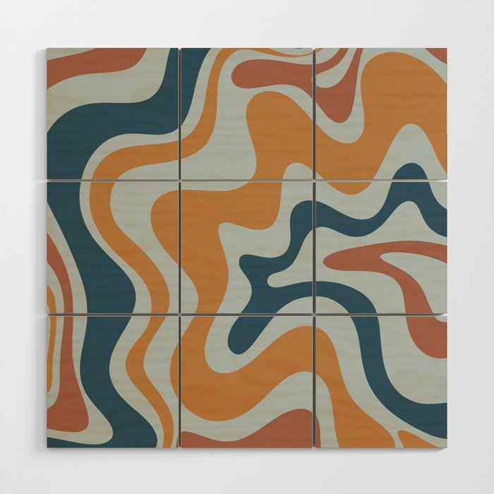 Retro Liquid Swirl Abstract Pattern Light Blue Ochre Rust  Wood Wall Art Gallery Image 1
