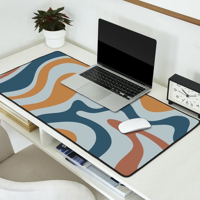 Retro Liquid Swirl Abstract Pattern Light Blue Ochre Rust  Desk Mat Gallery Image 2
