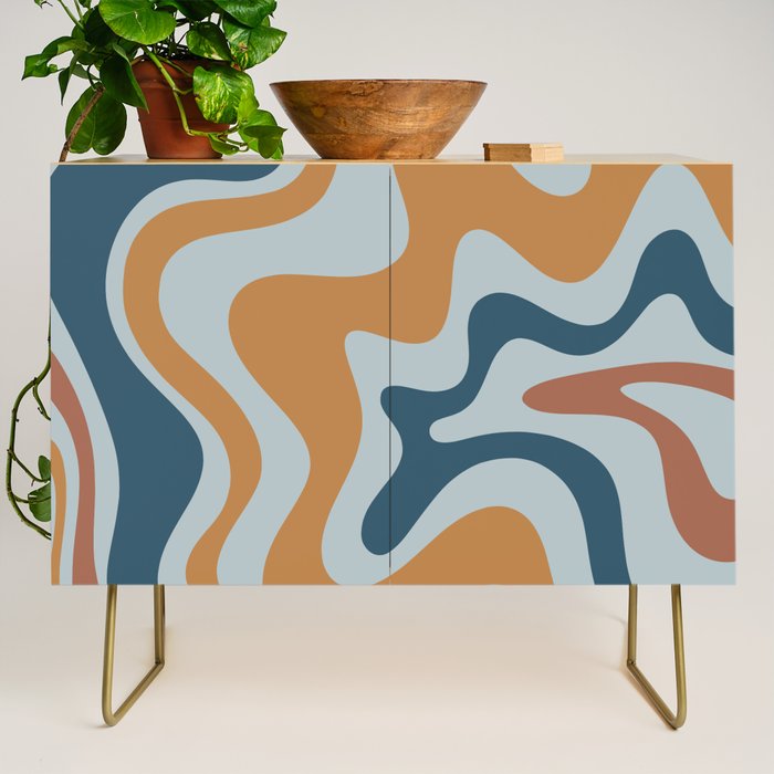 Retro Liquid Swirl Abstract Pattern Light Blue Ochre Rust  Credenza Gallery Image 1