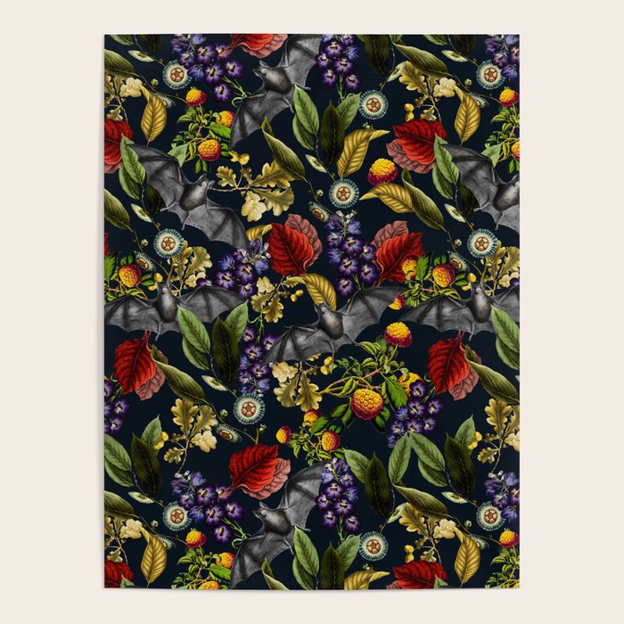 Flying Fox and Floral Pattern Poster Gallery Image 1