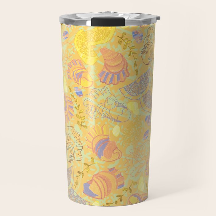 Coastal Oysters on the Beach in Pastel Yellow & Orange Travel Mug Gallery Image 1