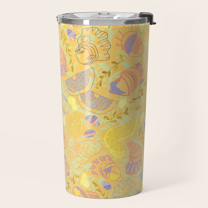 Coastal Oysters on the Beach in Pastel Yellow & Orange Travel Mug Gallery Image 2