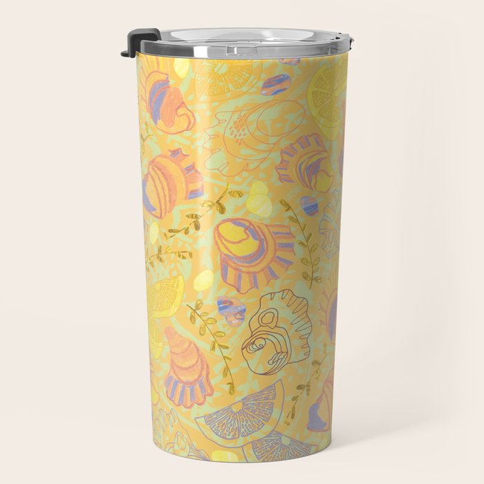 Coastal Oysters on the Beach in Pastel Yellow & Orange Travel Mug Gallery Image 3
