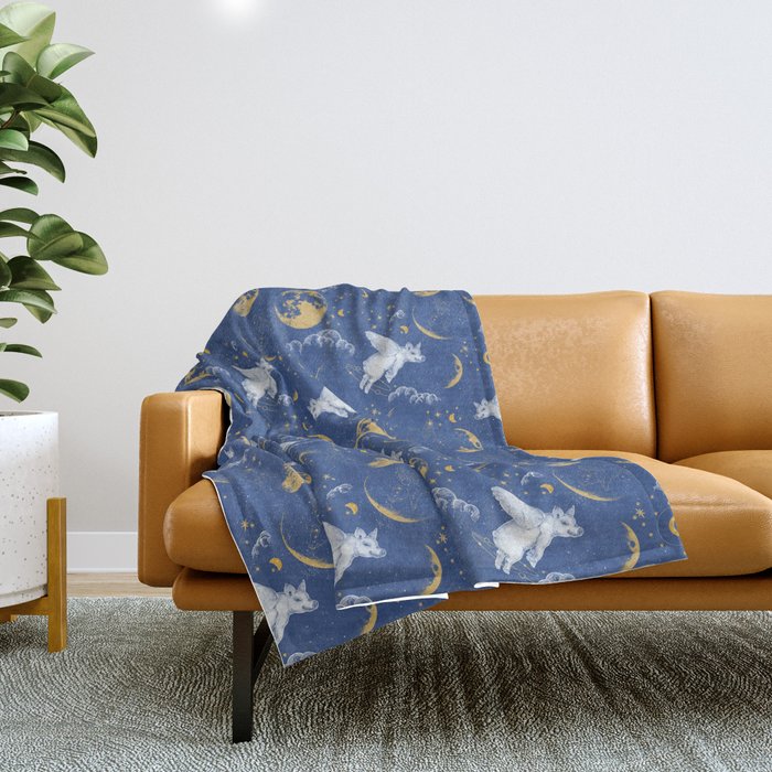 Celestial Pigs lunar blue Throw Blanket Gallery Image 1
