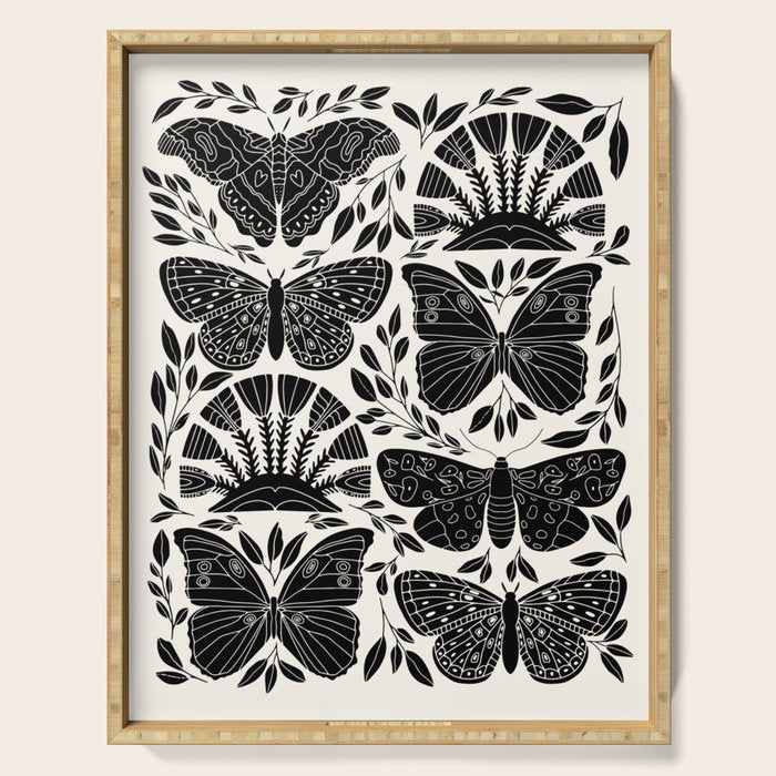 Black & White Retro, Folk Butterfly Serving Tray Gallery Image 1