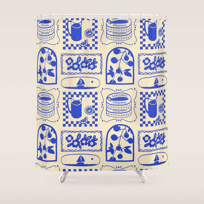 Blue summer vacation patchwork art pattern Shower Curtain Gallery Image 1