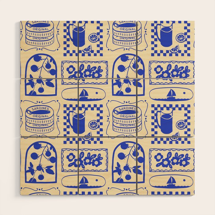 Blue summer vacation patchwork art pattern Wood Wall Art Gallery Image 1