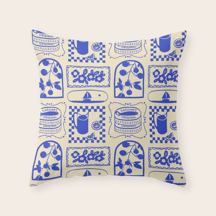 Blue summer vacation patchwork art pattern Throw Pillow Gallery Image 6