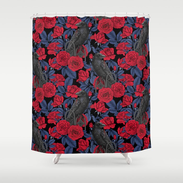 Ravens and red roses with blue leaves Shower Curtain Gallery Image 1