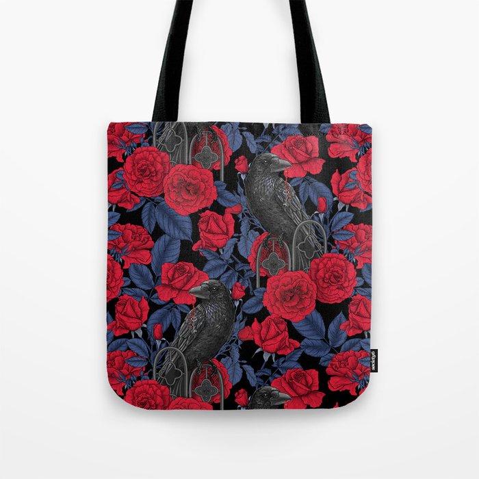Ravens and red roses with blue leaves Tote Bag Gallery Image 1
