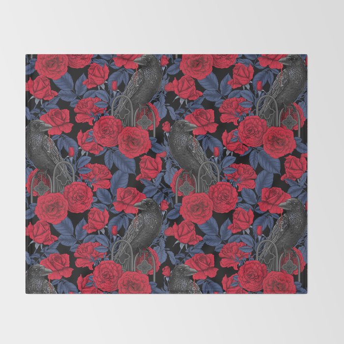 Ravens and red roses with blue leaves Throw Blanket Gallery Image 2