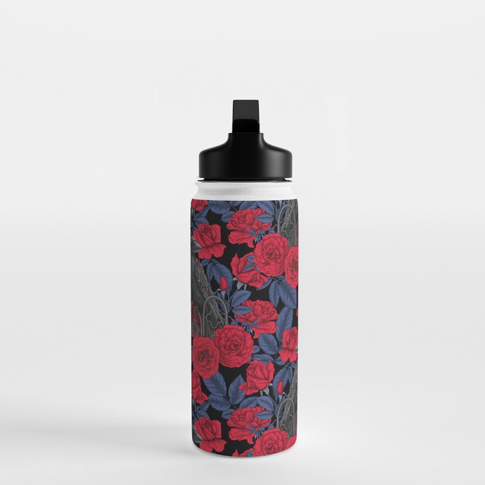 Ravens and red roses with blue leaves Water Bottle Gallery Image 3