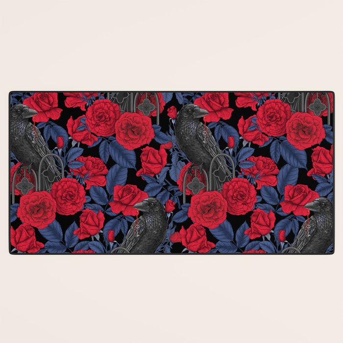 Ravens and red roses with blue leaves Desk Mat Gallery Image 3