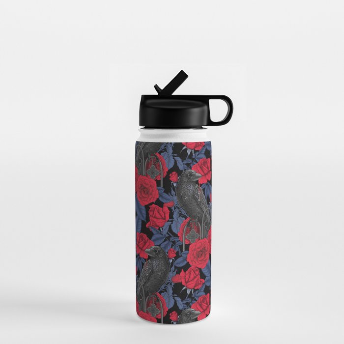 Ravens and red roses with blue leaves Water Bottle Gallery Image 1