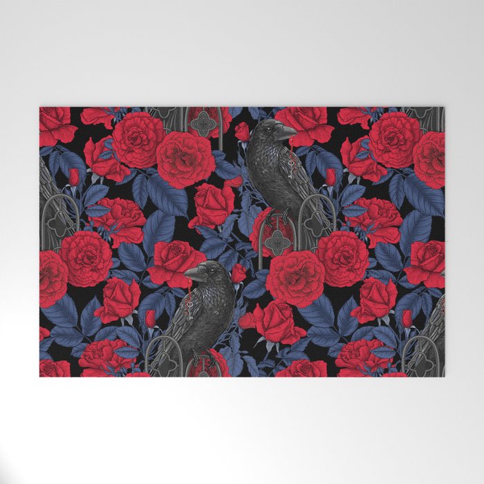 Ravens and red roses with blue leaves Welcome Mat Gallery Image 1