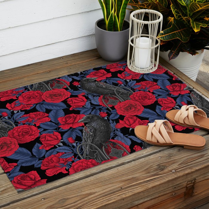 Ravens and red roses with blue leaves Outdoor Rug Gallery Image 2
