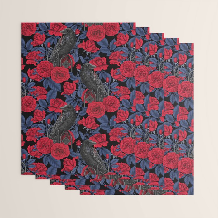 Ravens and red roses with blue leaves Wrapping Paper Gallery Image 3