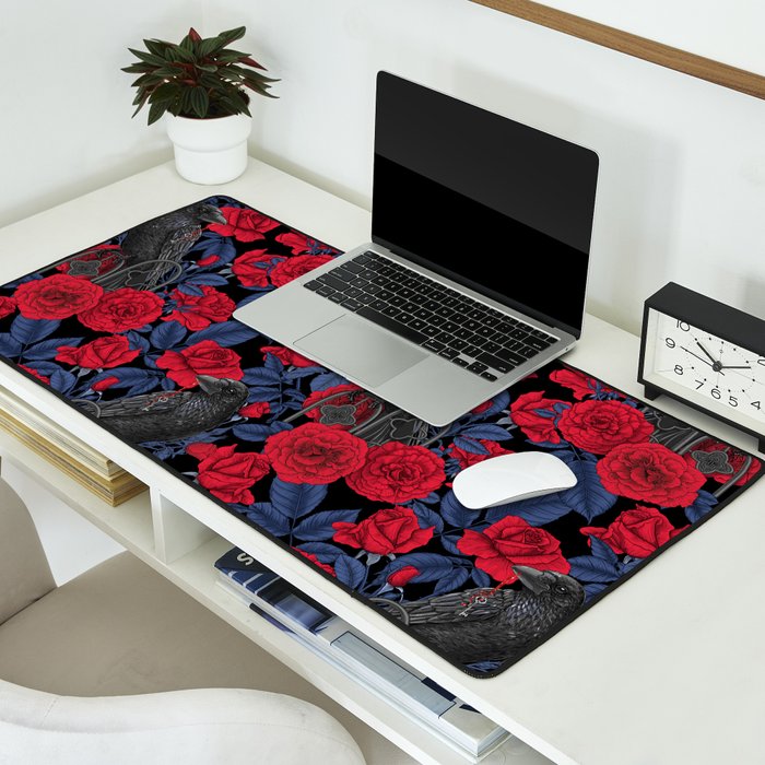 Ravens and red roses with blue leaves Desk Mat Gallery Image 2