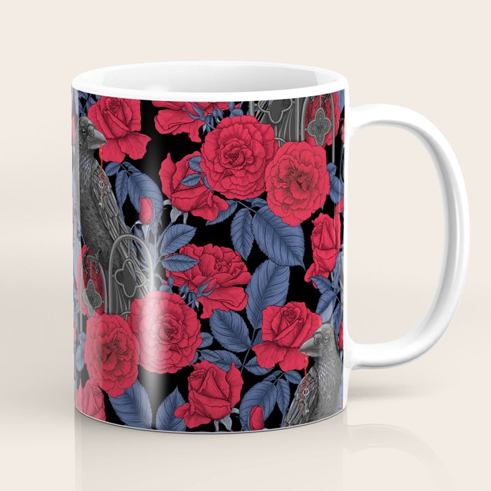 Ravens and red roses with blue leaves Coffee Mug Gallery Image 1