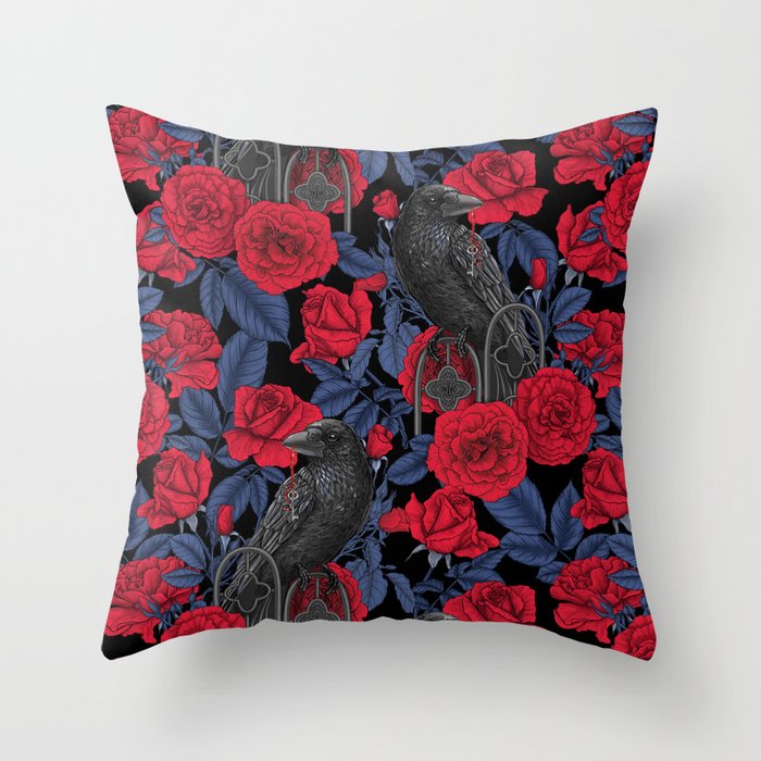 Ravens and red roses with blue leaves Throw Pillow Gallery Image 6