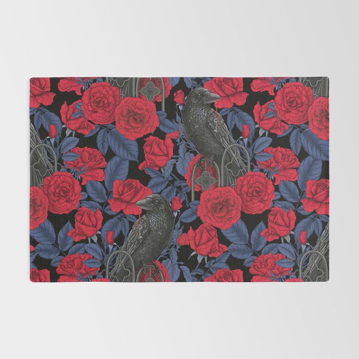 Ravens and red roses with blue leaves Rug Gallery Image 2