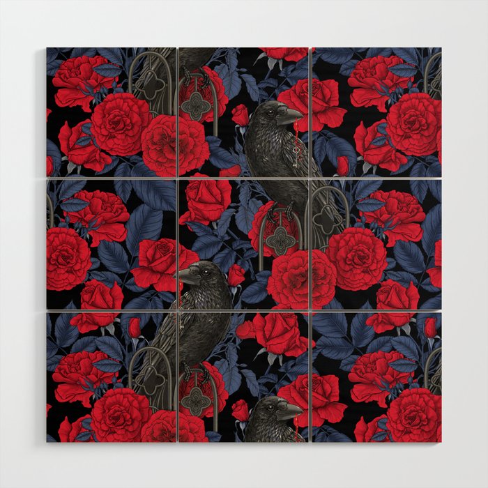 Ravens and red roses with blue leaves Wood Wall Art Gallery Image 1